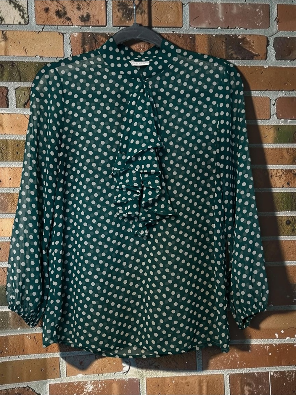 eva mendes for New York & Company Teal Green Polka Dot Ruffle Blouse